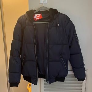 Navy Puffy Winter Coat with Faux Fur Lined Hood